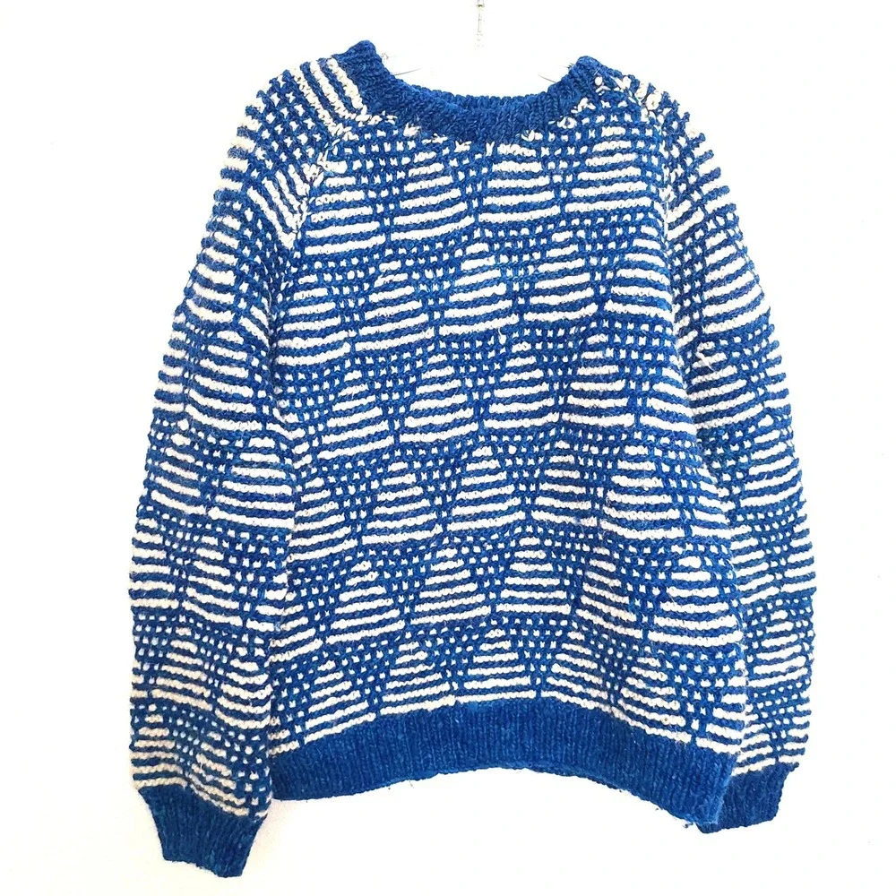 Vintage Elegant Passage‎ Sz L Blue 100% Wool Heavyweight Fisherman Sweater Cozy
